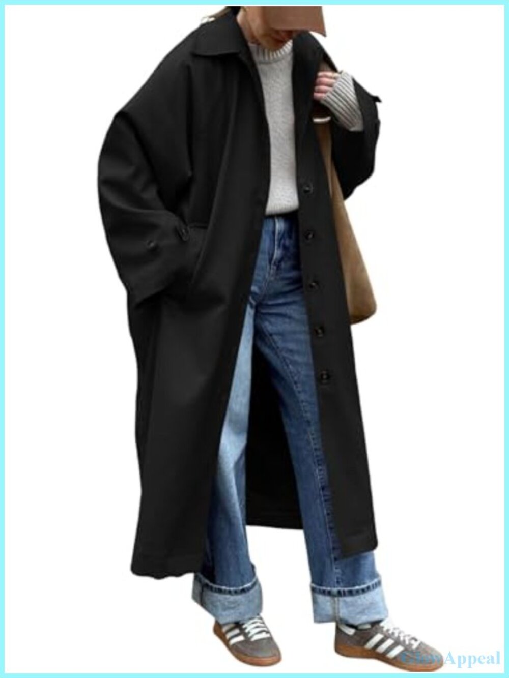 Women's Long Trench Coat 100% Polyester Windproof Classic Lapel Oversized
